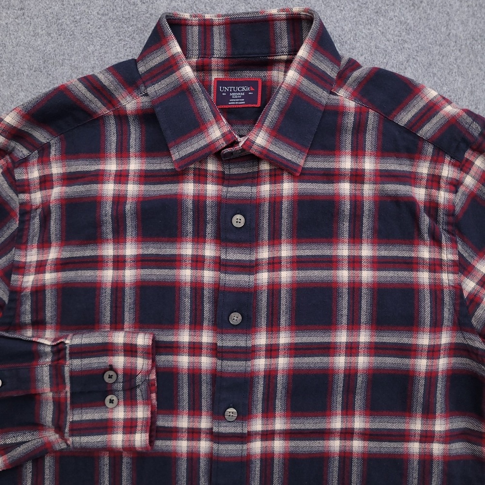 UNTUCKit Shirt Mens Medium Slim Fit Blue Red Plaid Rondel Flannel Button Up